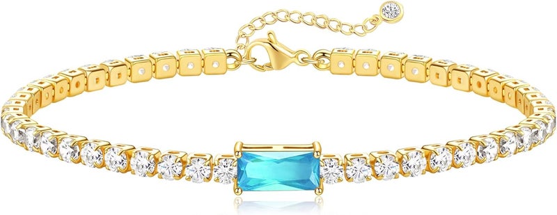 FUNEIA Birthstone Gold Tennis Bracelets for Women Trendy Non Tarnish Dainty 14K Gold Plated Diamond Bracelet Stack Cute Stackable Blue Green Red Friendship Bracelets Jewelry Gifts for Best Friend - Image 1